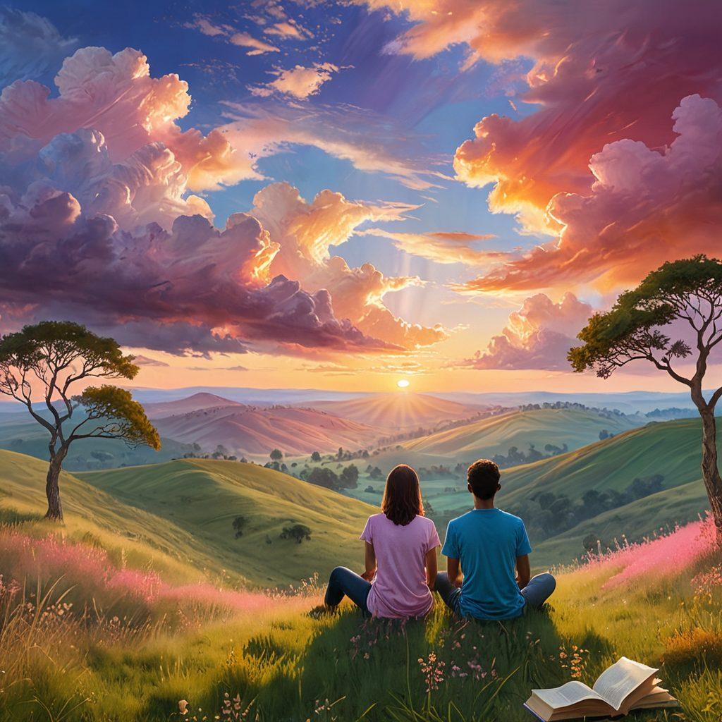 A serene landscape depicting a person sitting peacefully on a hill overlooking a sunrise, symbolizing hope and mental empowerment. Surround them with soft clouds and gentle rays of light illuminating various advocacy resources like books, support groups, and inspiring quotes floating in the air. The scene should evoke a sense of calm and resilience against the backdrop of a colorful sky. soft focus. vibrant colors. digital painting.