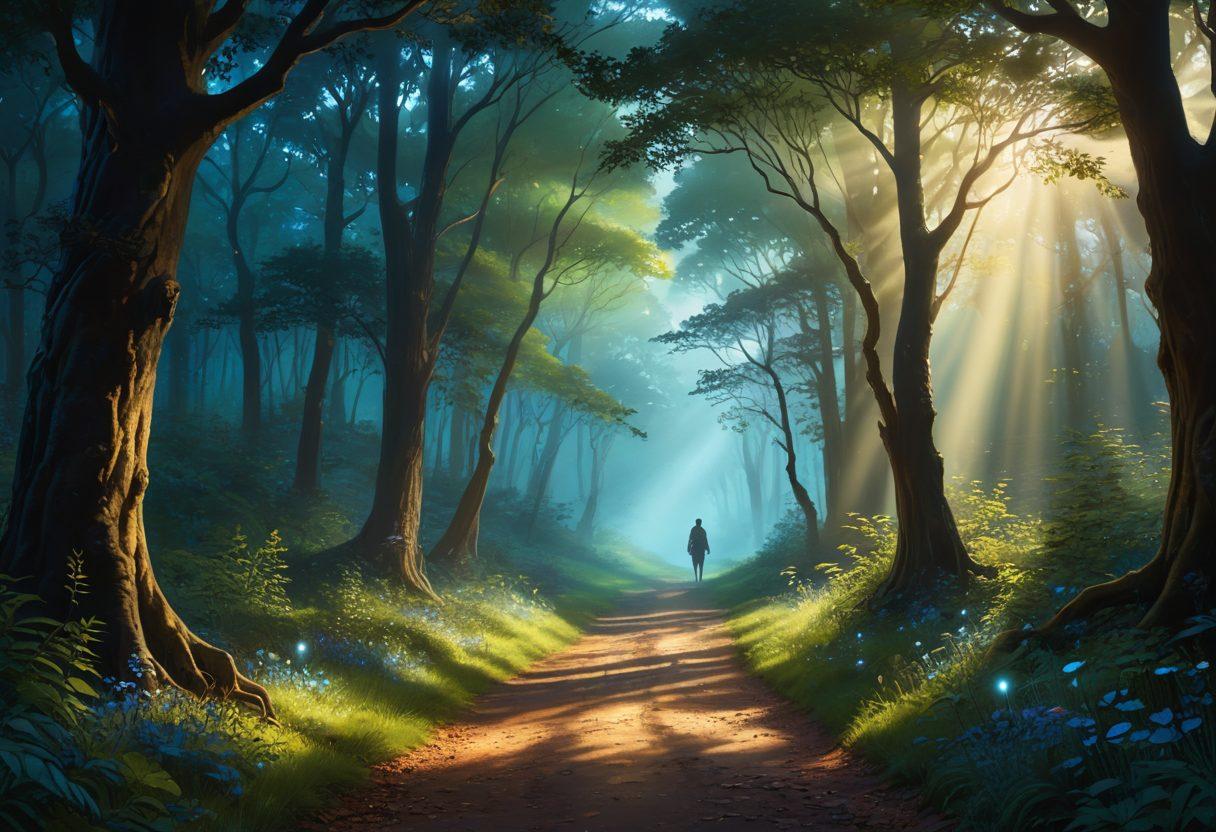 A serene landscape featuring a gently glowing path leading through a dark forest, symbolizing hope and guidance amidst shadows. Silhouettes of diverse community members support each other, illuminated by soft, warm light from above. The background consists of deep blues and greens, while the foreground highlights glowing orbs of light signifying emotional wellbeing. The atmosphere is calm and inviting. ethereal, super-realistic, vibrant colors.