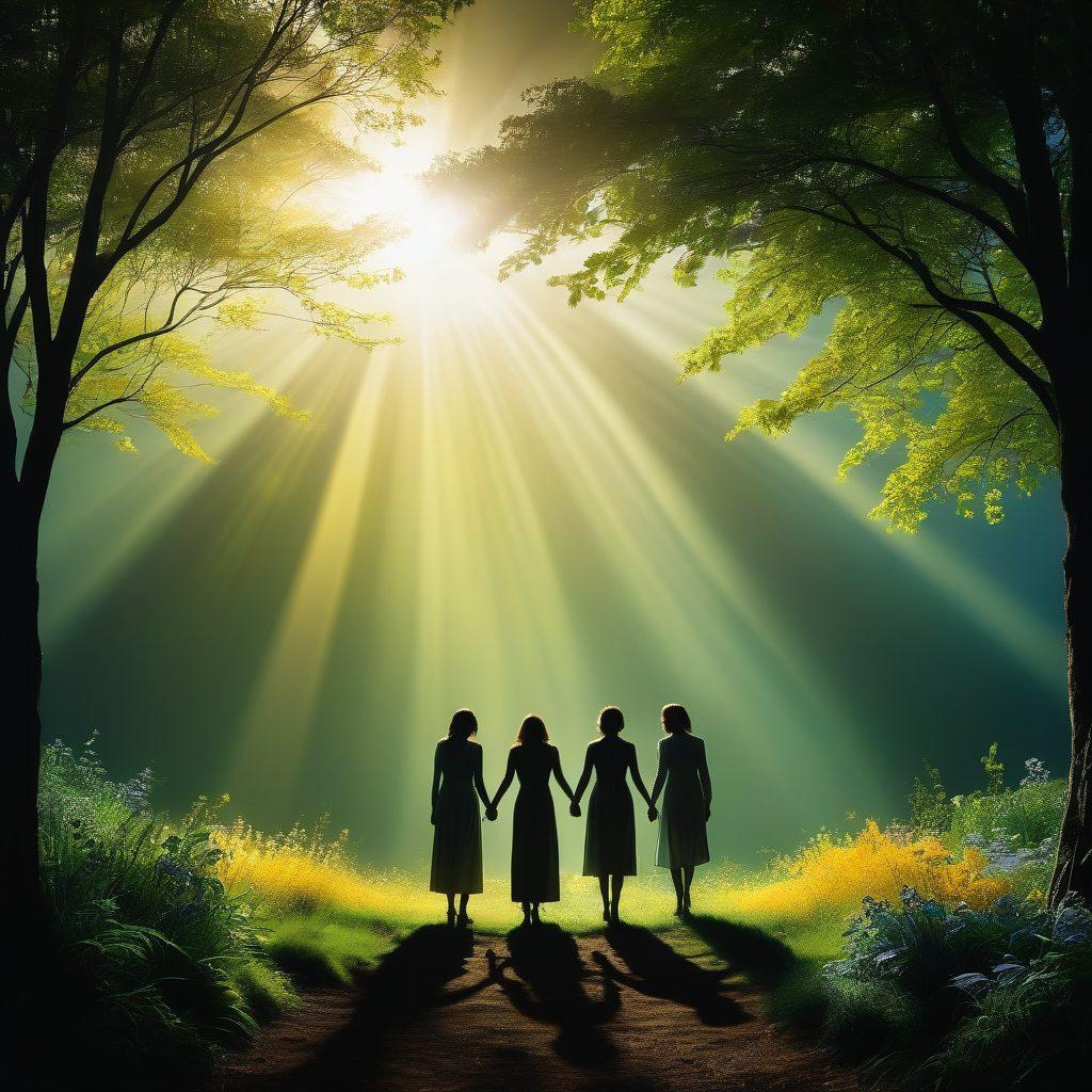 A dramatic visual transformation from a shadowy, dark landscape on one side transitioning into a bright, sunlit garden on the other. Silhouettes of diverse individuals support each other by holding hands, with a beautiful light illuminating their faces, symbolizing hope and connection. Soft rays of sunlight pierce through the clouds, signifying the journey from despair to wellness. Include vibrant greens, warm yellows, and reassuring blues. super-realistic. vibrant colors.